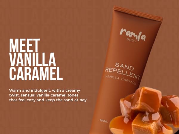 RAMLA Sand-Repellent Moisturizer – Lightweight, Non-Greasy Formula That Repels Sand – Hydrating Body Lotion for Beach Days – As Seen on Shark Tank (5.1oz, Vanilla Caramel)