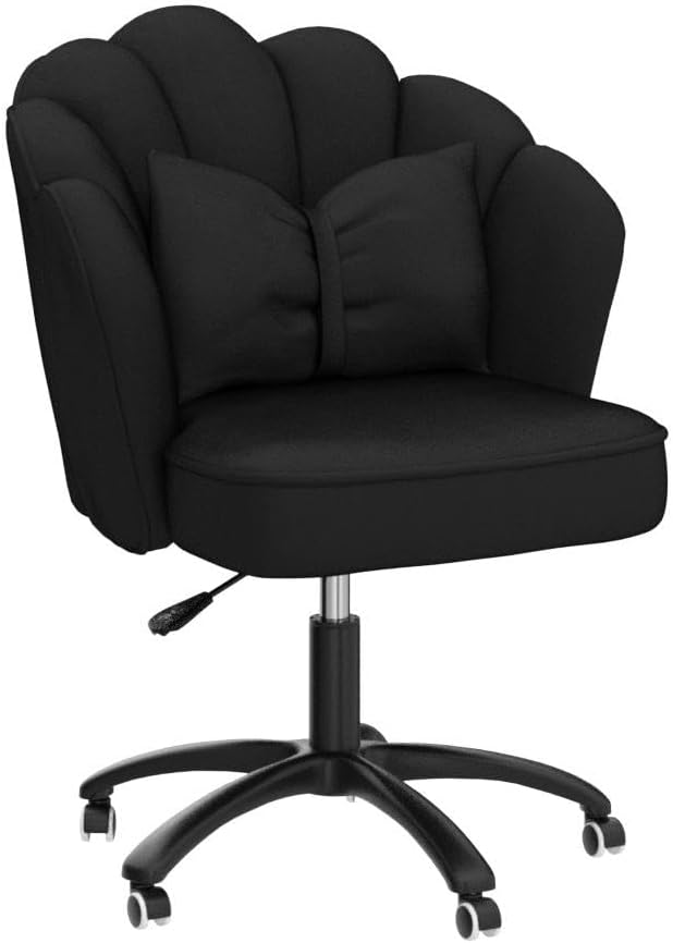 Petal Desk Chair with Bow Cushion Velvet Vanity Chair with Wheels, Upholstered Home Office Chair for Girls Women, Mid-Back Swivel Computer Task Chairs for Living Room Bedroom