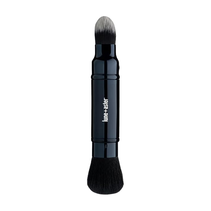 Lune+Aster Complexion Duo Brush | Retractable Makeup Brush With Two Ends For Application Of Cream, Liquid And Powder. Made with Alumium Handle, Vegan Bristles.