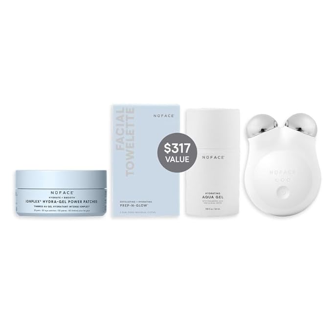 NuFACE MINI+ Microcurrent Facial Device Ultimate Uplift Kit - Brilliant White Face Sculpting & Contouring Device with Aqua Gel, Power Patches, Prep-N-Glow Skin Care Wipes & Luxe Gift Box