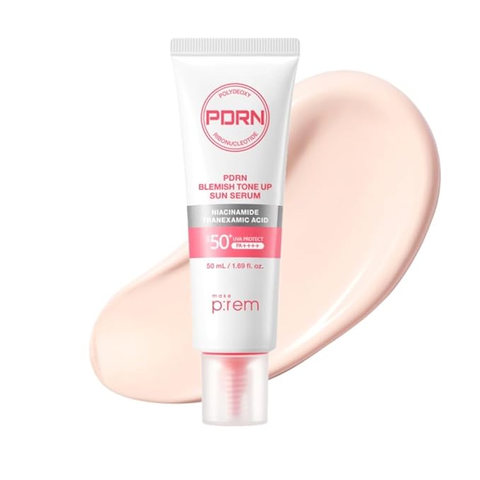 MAKE P:REM PDRN Tone-Up Sun Serum SPF 50, Korean Sunscreen, Lightweight Tinted Facial Sunscreen with Rosy Beige Tone-Up Effect, Radiant Glow Finish, Makeup-Friendly Daily Sunscreen, 1.69 fl oz (50ml)