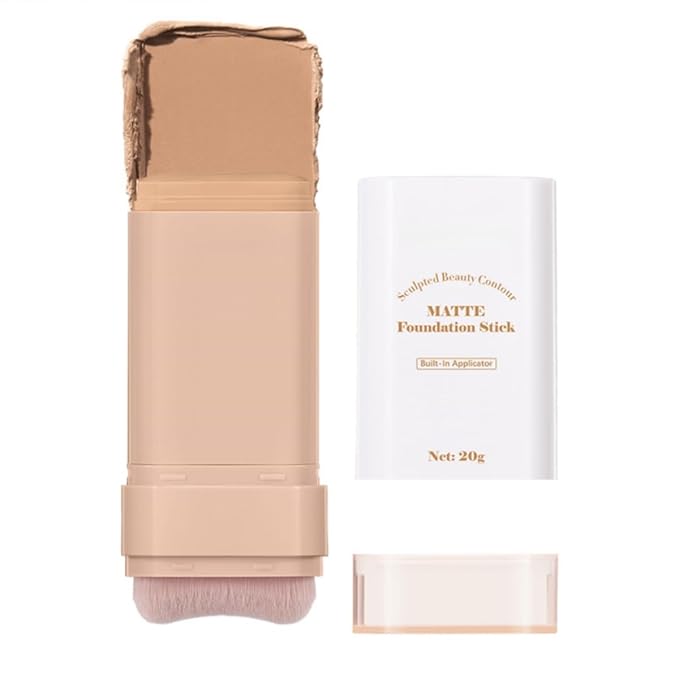 Matte Concealer Foundation Stick, Full Coverage for Dark Circles, Acne & Redness, Blemishes & Contouring, Long-Lasting Korean Waterproof Formula for All Skin Tones, Built-In Kabuki Brush (4# Wheat)