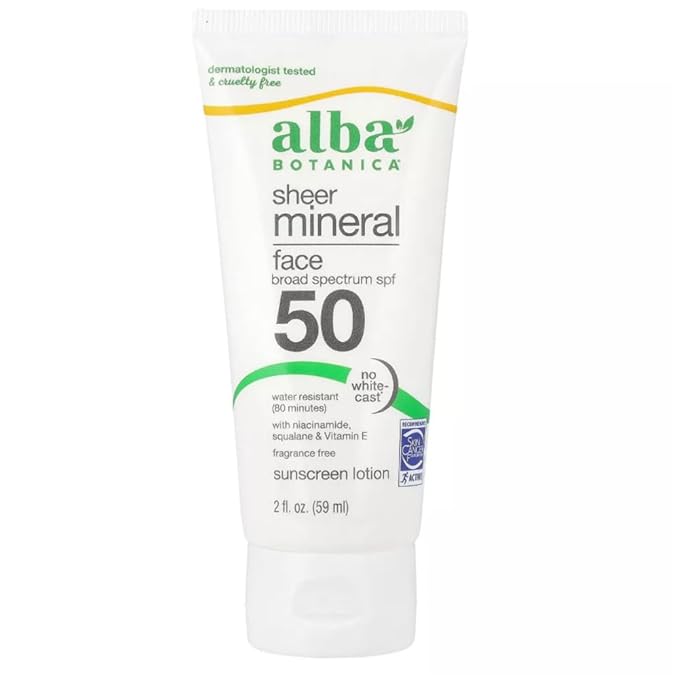 Sunscreen for Face, Fragrance-Free Sheer Mineral Face Sunscreen Lotion, Broad Spectrum SPF 50, Water Resistant and Biodegradable, 2 fl. oz. Bottle Cruelty Free Dermatologist Tested
