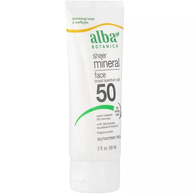 Sunscreen for Face, Fragrance-Free Sheer Mineral Face Sunscreen Lotion, Broad Spectrum SPF 50, Water Resistant and Biodegradable, 2 fl. oz. Bottle Cruelty Free Dermatologist Tested