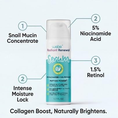WEBE Naturals Snail Mucin Retinol 1.5% Radiant Renewal Serum | Niacinamide 5%, Vitamin C, Peptide Booster, Hyaluronic Acid & Zinc PCA | Anti-Aging Plumping Intense Moisture Lock, Glowing Smooth Skin