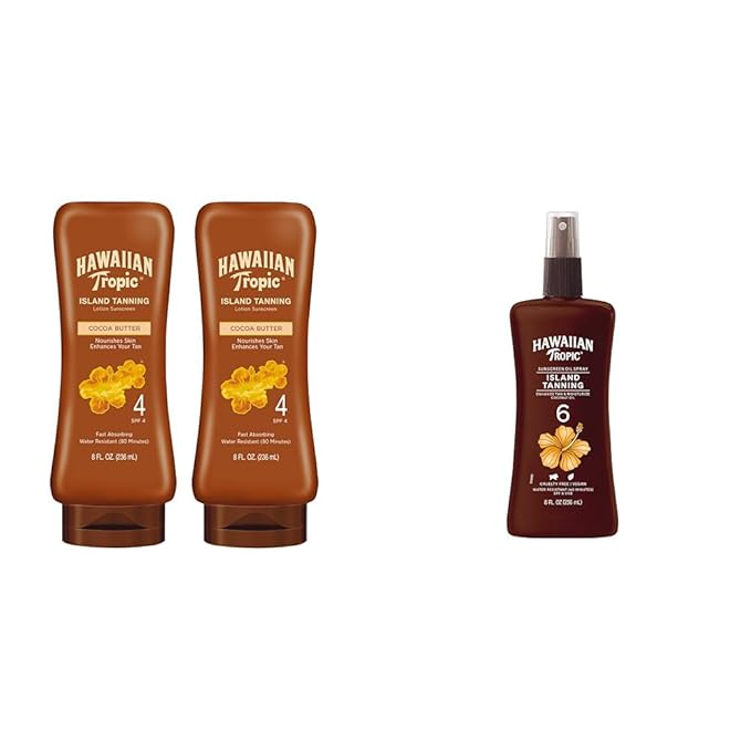 Hawaiian Tropic Island Tanning Lotion Sunscreen SPF 4 Twin Pack and Tanning Oil Spray Sunscreen SPF 6