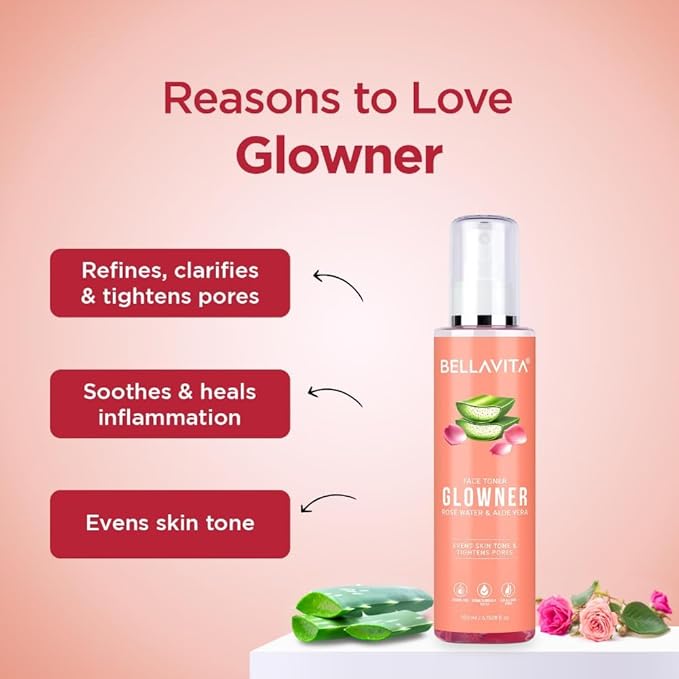 Bella vita Glowner Face Toner with Rose Water & Aloe Vera, Pore Tightening & Skin Evening, 200ml/6.76 fl oz