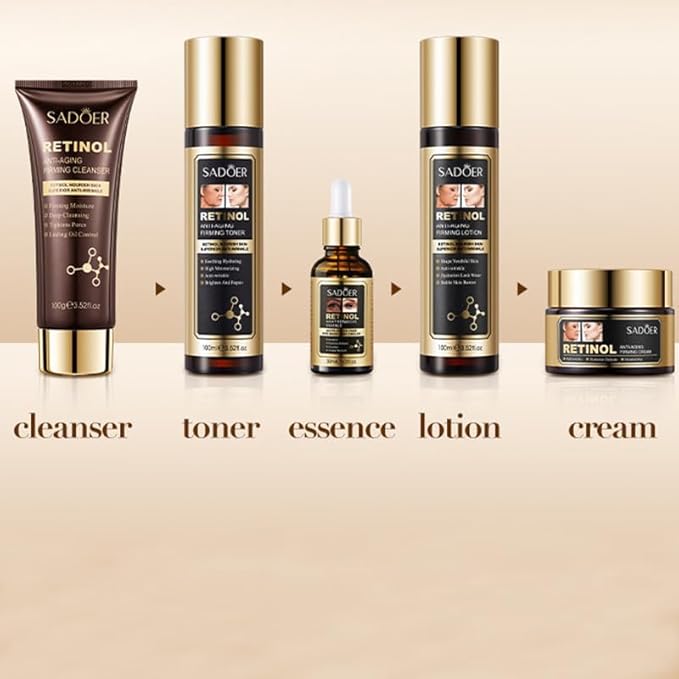 QueenLine 5pcs Retinol Face Toner Essence Cream Facial Lotion Moisture Anti-Aging Serum Cleanser Skin Care Set