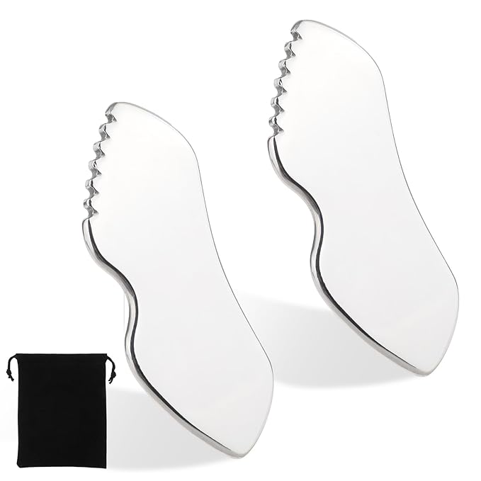 2Pcs Stainless Steel Gua Sha Facial Tools Metal Detail Gua Sha Stone Body Lymphatic Drainage Massager Face Guasha Face Sculpting Tool Skin Care with Gift Pouch Mother's Day Gifts