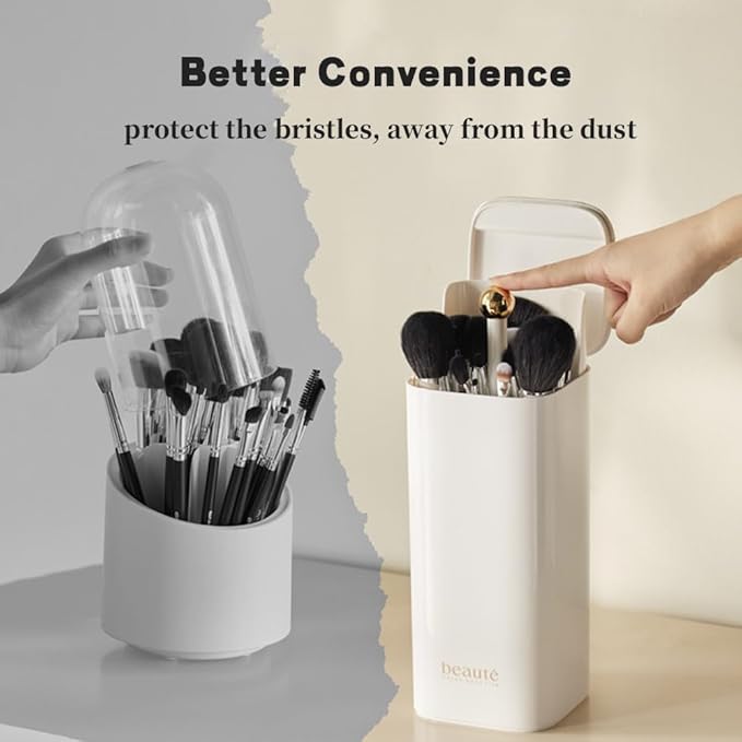 Automatic Lifting Makeup Brush Holder with Lid Dustproof Cosmetic Organizers for Vanity-White