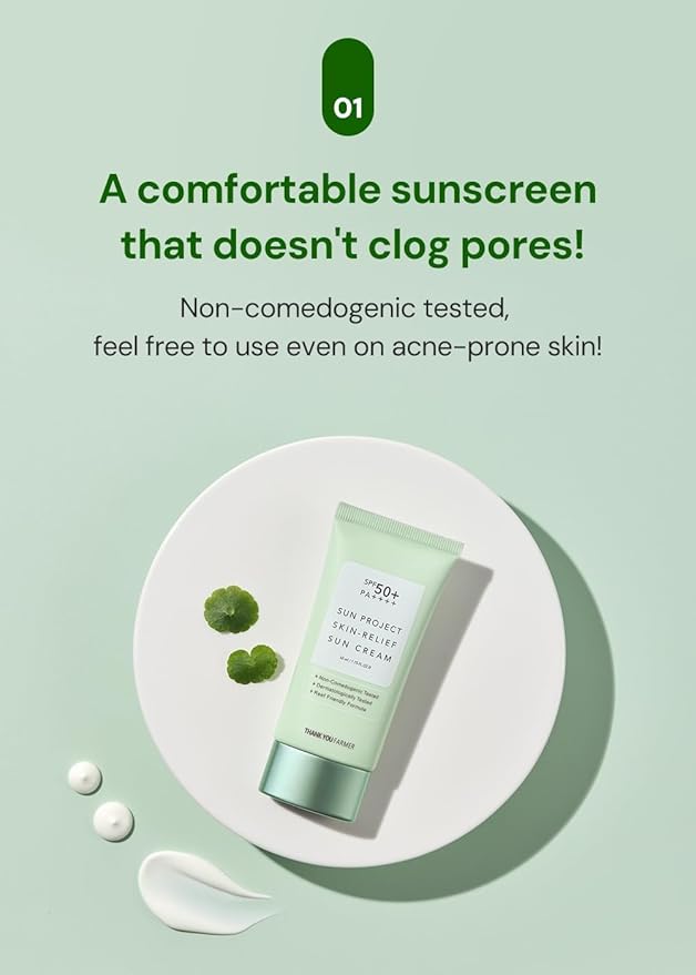 THANKYOU FARMER Sun Project Relief Sun Cream SPF50+ PA++++(50ml) - Centella Asiatica Extracts for Soothing, Reef Safe Sunscreen Travel Size