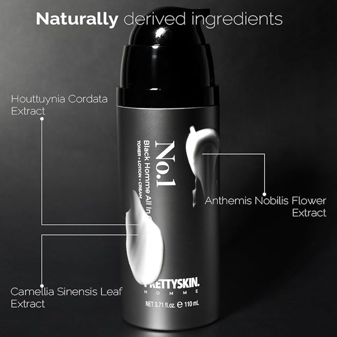 PRETTYSKIN No.1 Black Homme All-in-One Essence for Men – 3.71 fl.oz | Toner+Lotion+Cream in One | Lightweight Face Moisturizer with Hyaluronic Acid & Natural Extracts | Fast-Absorbing Daily Skincare