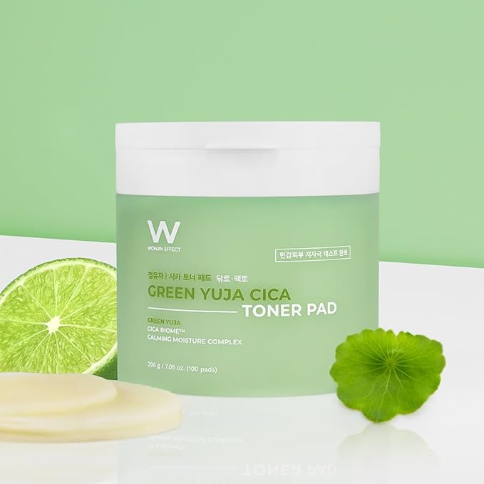 WONJIN EFFECT Green YUJA CICA Toner PAD 100 Pads 7.05 fl Oz, Vegan, Pore Care, Skin Soothing, Hydrating, PHA & BHA, CICA, Hyaluronic Acid, Panthenol, Derma-clera