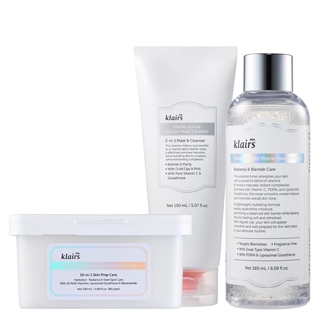 DearKlairs Freshly Juiced Vitamin Set with Vegan PDRN Toner, Clay Mask Cleanser, Toner Pads 80 ea