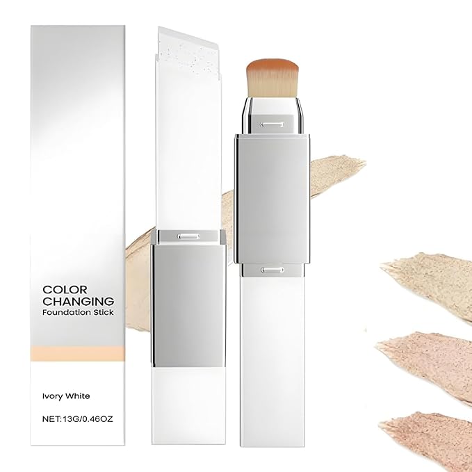 Tryskintle Color Changing Foundation Stick, 2 in 1 Foundation Stick with Brush, Korean Dual-Ended Full Coverage Foundation with Fine Bristle Brush, Lightweight, Long-Lasting (Light)
