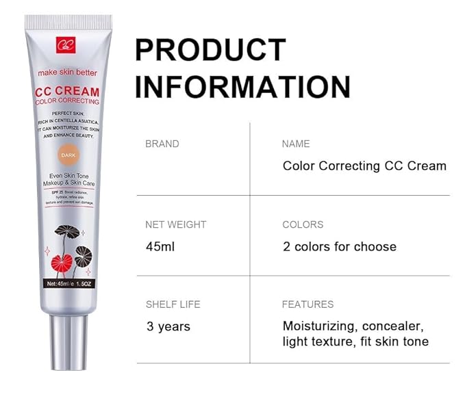 Cica CC Cream with Concealer-Hydrating,Anti-Aging,Natural Cover for SensitiveSkin-SPF 25,Lightweight, Long-LastingMakeup-1.5FIOz
