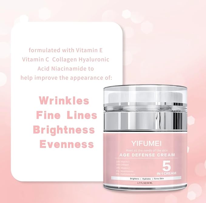 5 in 1 Age Defense Cream Collagen, Vitamin E, C and Nicotinamide Vitamin B Anti Aging Facial Cream - Restoring, Smoothing & Hydrating - Reduces Fine Lines, Wrinkles, Dehydrated Skin & More.