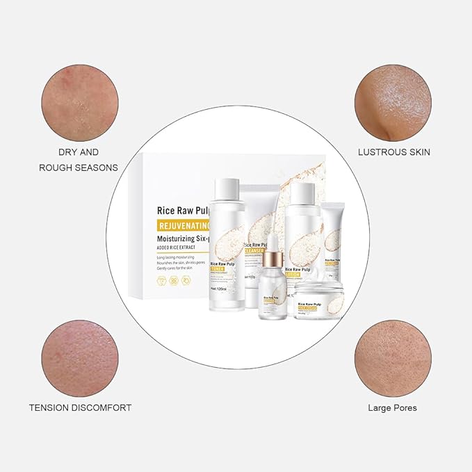 Rice Rice Skin Care Gift Set for Women Girls,6 Pcs Rice Raw Pulp Facial Skincare Kit-Cleanser,Toner,Lotion,Essence,Eye Cream and Face Cream to Cleansing,Moisturizing,Smoothing and Firming