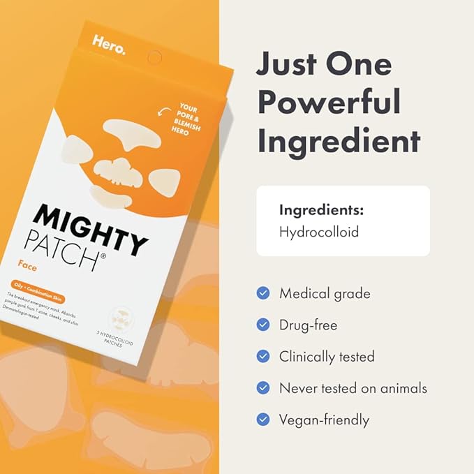 Mighty Patch™ Face Patch from Hero Cosmetics - XL Hydrocolloid Face Mask for Acne, 5 Large Pimple Patches for Zit Breakouts on Nose, Chin, Forehead & Cheeks - Korean Skin Care (1 Count)