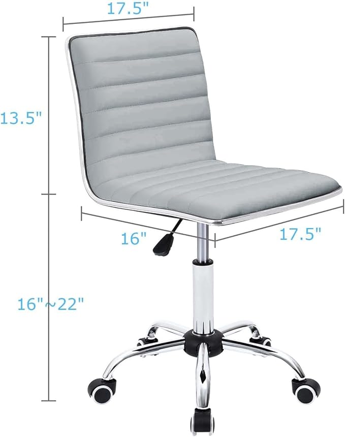 Furmax Vanity Office Desk Chair with Wheels, Armless Small Cute Leather Makeup Computer Task Chair Adjustable Height 360° Swivel (Light Grey)
