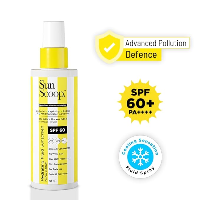 SunScoop Hydrating Face & Body Fluid Sunscreen Spray | SPF 60 PA++++ | Water Resistant With Zinc Oxide | Broad Spectrum, No White Cast, Non-Comedogenic Quick Absorbing | For Men & Women | 125ml