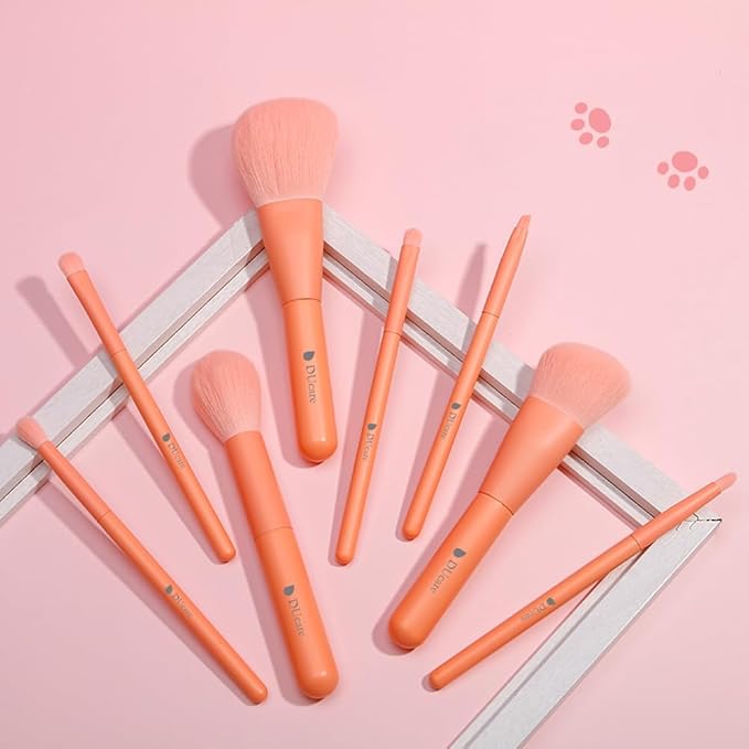 DUcare Makeup Brush Set with Case, 8 Piece Professional Sunrise Orange Brushes, Synthetic Fiber Vegan Brushes with Travel Storage Bag for Foundation Blush Contour Eyeshadow Blending Detailing