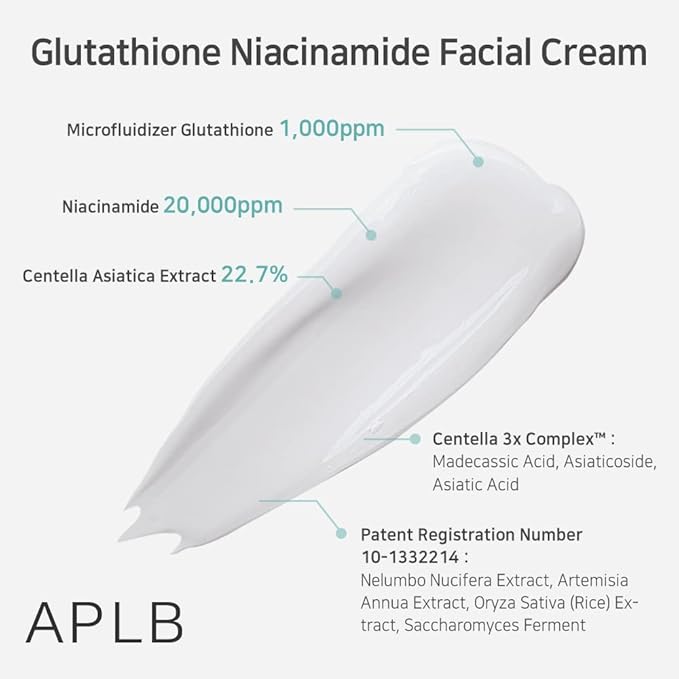 APLB Glutathione Niacinamide Facial Cream | LIPO GLUTA NIAC CEN™ 24.8% 1.86 FL.OZ/Korean Skincare, Deep hydration, Niacinamide, Improve skin elasticity, Improve skin texture