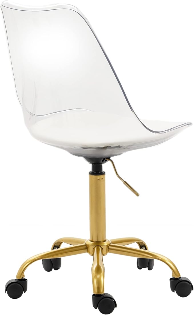HOMEFUN Clear Desk Chair with Cushion, Armless Acrylic Rolling Chairs with Golden Feet Swivel Height Adjustable Ghost Molded Plastic and Wheels
