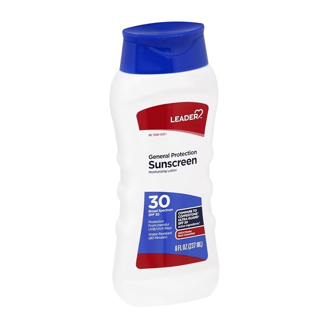 LEADER General Protection Sunscreen Lotion Broad Spectrum SPF 30, Water Resistant Moisturizing Lotion, 8 Ounce, Pack of 3
