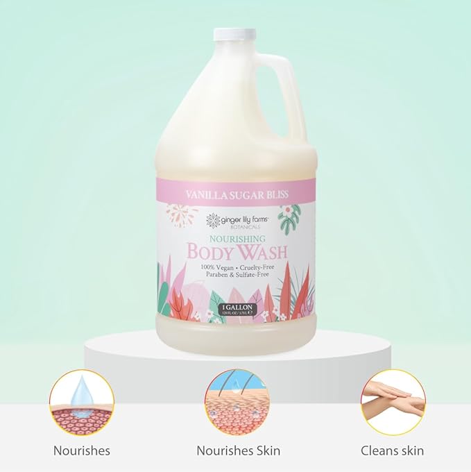 Ginger Lily Farms Botanicals Nourishing Body Wash, 100% Vegan & Cruelty-Free, Vanilla Sugar Bliss Scent, 1 Gallon (Pack of 4)