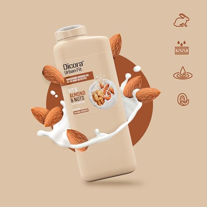 Dicora Urban Fit Nourishing Shower Gel - Extra Moisturizing Women and Mens Body Wash - With Vitamin B for Skin Elasticity - Almond and Nuts - 25.4 oz