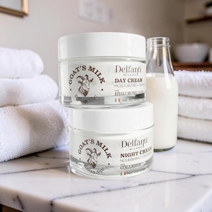 Delfanti-Milano • FULL SIZE DUO PACK • GOAT'S MILK with HYALURONIC ACID Day Cream and GOAT'S MILK with COLLAGEN Night Cream • Face and Neck Moisturizer • 2 x 1.7 oz jars • Made in Italy