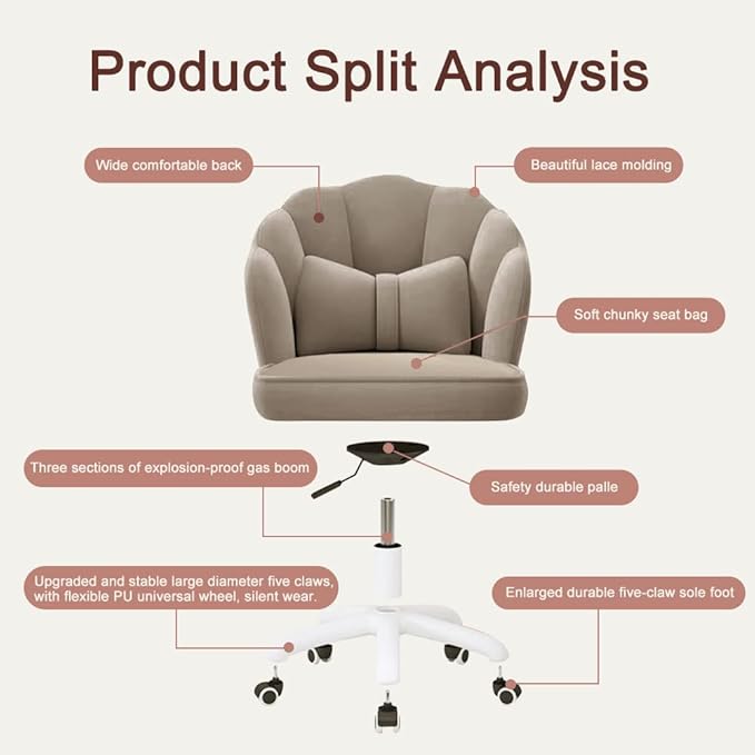 Vanity Chair with Wheels Velvet Petal Desk Chair Upholstered Tufted Home Office Chair for Women Girls, Height Adjustable Makeup Task Chair for Bedroom Living Room