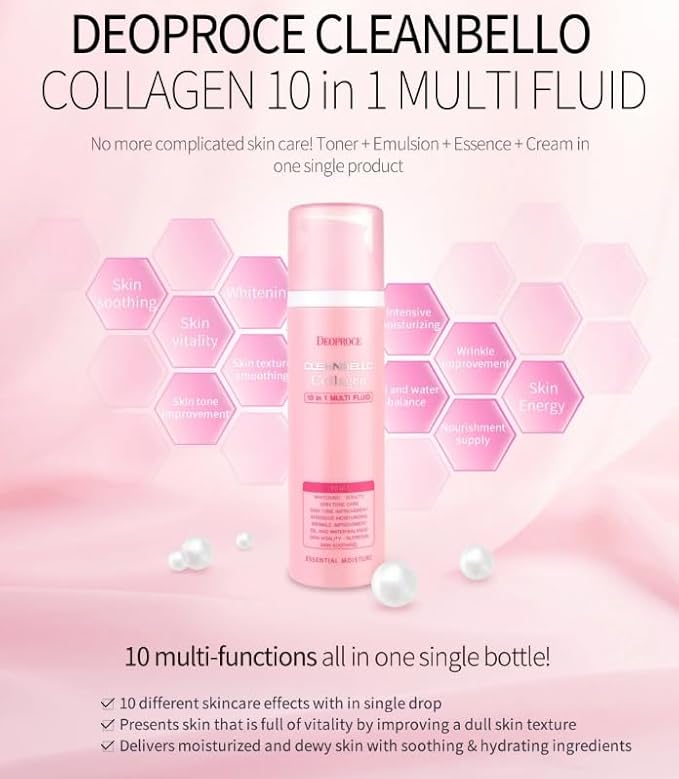Deoproce Cleanbello Collagen 10 in 1 Multi Fluid (200ml) – 4-in-1 Toner, Emulsion, Essence & Cream – Hydrating & Anti-Aging Korean Skincare