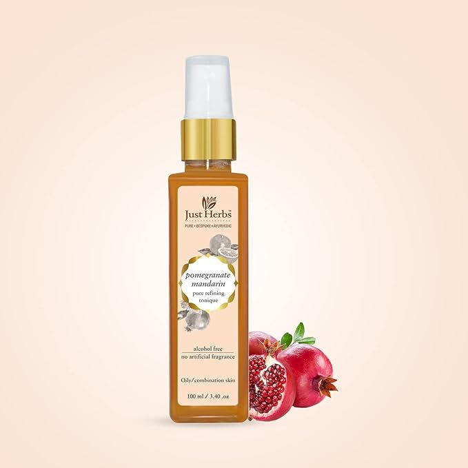 Just Herbs Organic Pomegranate Pore Refining Toner with Steam Distilled Tulsi & Orange for Oily/Combination Skin Types - No Artificial Fragnance 3.40 fl.oz.