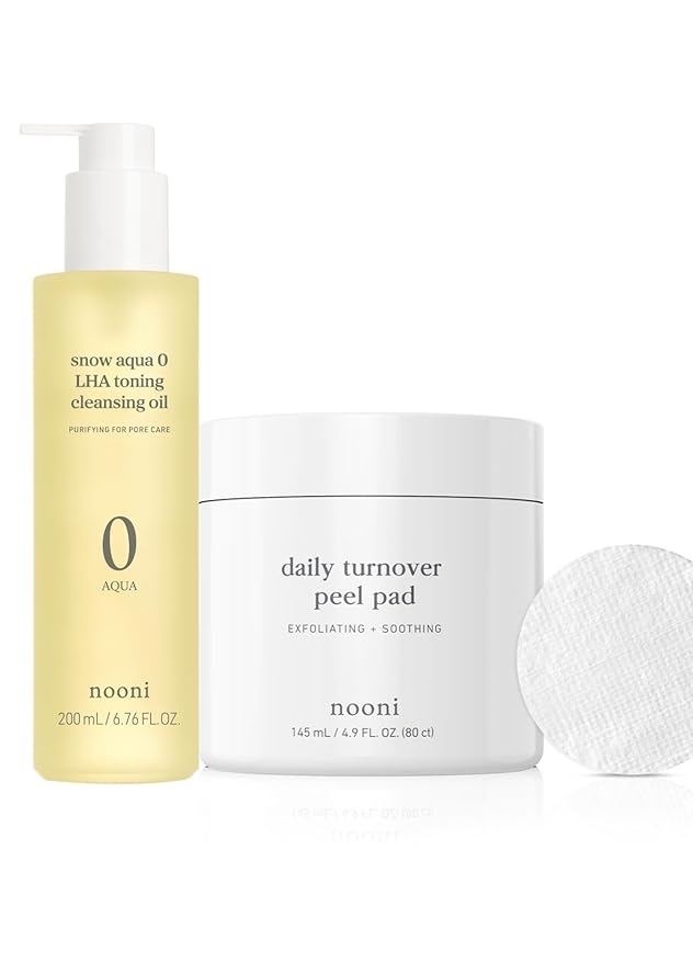 NOONI Facial Toner Pads - Glycolic Acid Pads 80 EA + Facial Cleanser - Snow Aqua 0 LHA Toning Cleansing Oil, 6.76 Fl Oz (200 ml) Bundle