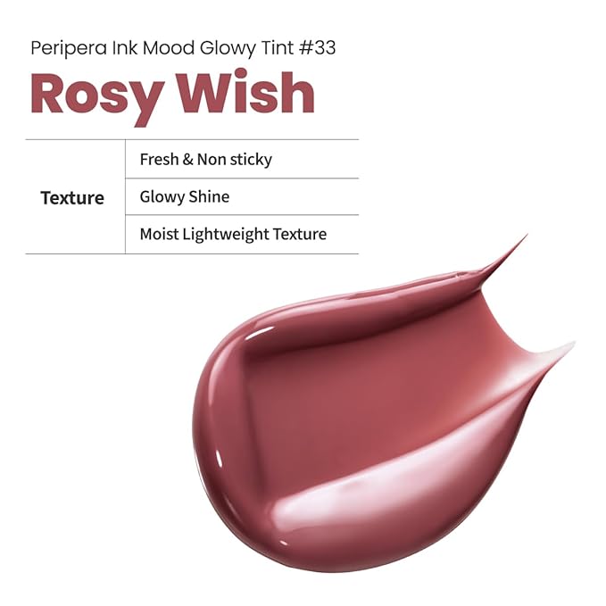 Peripera Ink Mood Glowy Tint | Lip-Plumping, Naturally Moisturizing, Lightweight, Glow-Boosting, Long-Lasting, Comfortable, Non-Sticky, Mask Friendly, No White Film (033 ROSY WISH)