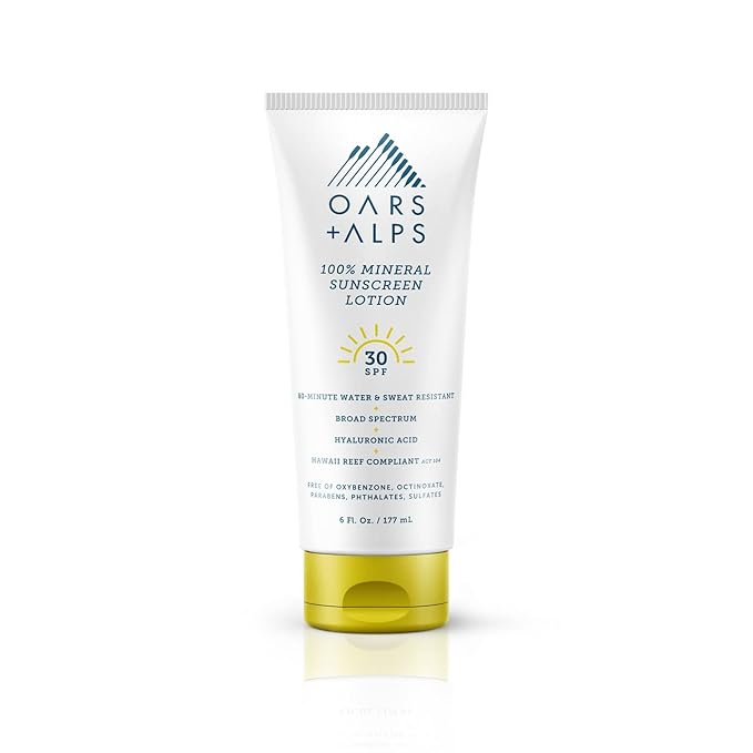 Oars + Alps SPF 30 Mineral SPF Sunscreen Body Lotion, Infused with Hyaluronic Acid, Shea Butter, and Coconut Oil, Water and Sweat Resistant, 6 Fl Oz