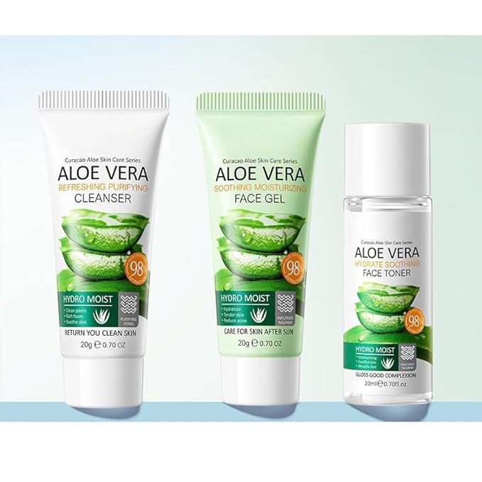 1 PC Travel Size Aloe Vera Facial Cleanser + Toner +Moisturizing Gel, Soothing Nourishing Calming Hydrating Refreshing Aloe Vera Skin Care Set