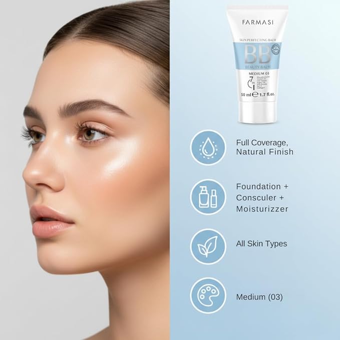 FARMASi BB Cream Beauty Balm, Tinted Moisturizer with SPF 15, Lightweight Matte Finish, Buildable Coverage Face Makeup, 1.7 fl oz, 03 Medium