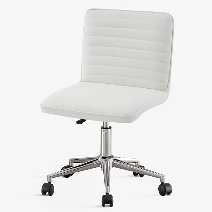 PU Leather Armless Office Chair - 360° Swivel Computer Desk Chair with Adjustable Height & Comfy Chrome Legs, Ivory White - Perfect for Home Office, Bedroom, Living Room & Vanity, Ivory White