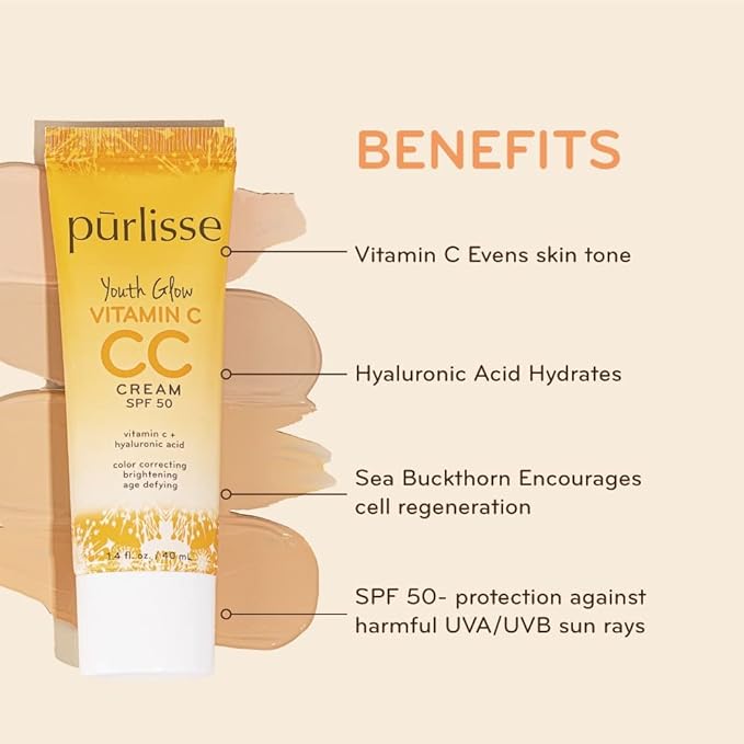 pūrlisse Youth Glow Vitamin C CC Cream with SPF 50 - Color Corrector Enriched with Sea Buckthorn, Vitamin C & Hyaluronic Acid - Boosts Radiance & Youthfulness - Paraben-Free - Light Medium (1.4 oz)