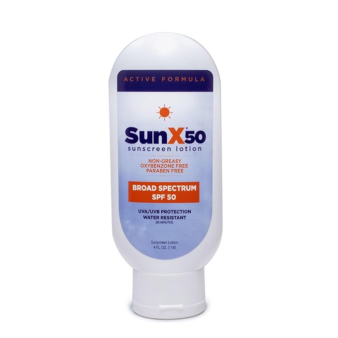 CoreTex Sun X 50 SPF Broad Spectrum Sunscreen Lotion - 4oz Tottle of Paraben, Oxybenzone, Octinoxate, & Oil Free Sunscreen - No White Cast and Water Resistant Up to 80 Minutes