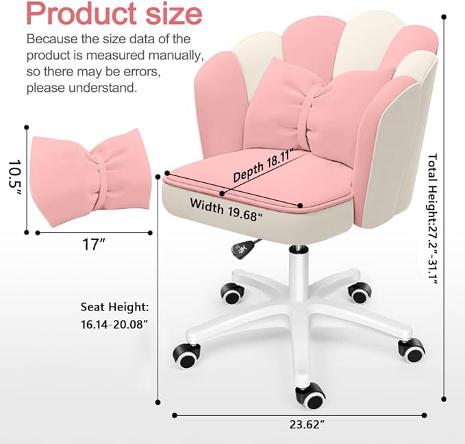 Petal Desk Chair with Bow Cushion Velvet Vanity Chair with Wheels, Upholstered Home Office Chair for Girls Women, Mid-Back Swivel Computer Task Chairs for Living Room Bedroom