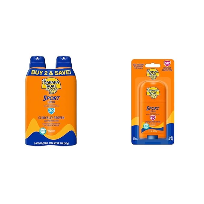 Banana Boat Sport Ultra Clear Spray SPF 30 Sunscreen Twin Pack and Sport Ultra Reef Friendly Stick SPF 50 Sunscreen