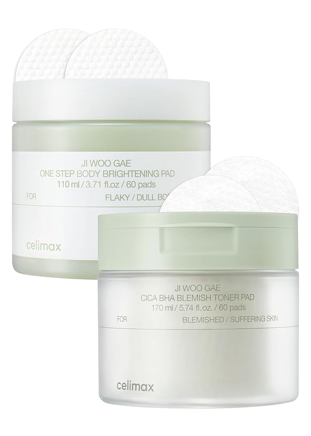 celimax ONE STEP Body Brightening Pad 110ml (60 pads) + Ji.Woo.Gae Cica BHA Blemish Toner Pad (60 Pads) Bundle