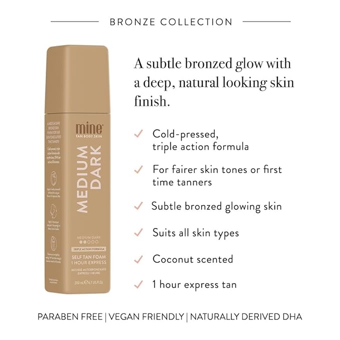 MineTan Medium Dark Self Tanning Foam | Bronze Collection - Best Fake Tanner Mousse for a Natural Sunless Glow, 1 Hour Express, Face & Body, Ultra Hydrating Formula, Coconut Scented, Vegan 6.7 Fl Oz