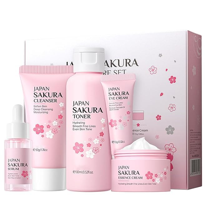 Skin Care Set for Women Girls, Cherry Blossoms Beauty Gift Sets Skin Care Kit with Cleanser, Face Serum, Face Cream,Toner,Eye Cream（5pcs Skin Care Kit）