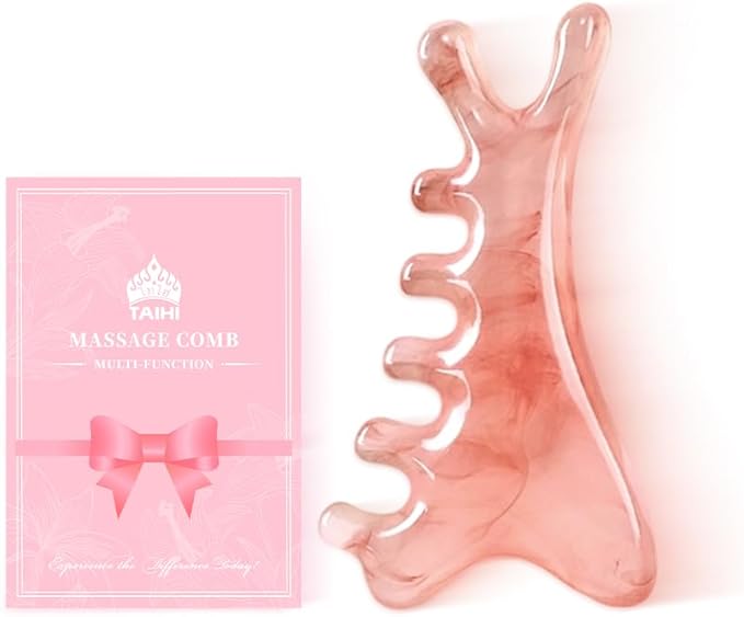 TAIHI 4-in-1 Massage Comb Pink Gua Sha Facial Tools Head Massage Combs Neck Body Face Eye Massager Tool for Body Tension Relief Promote Lymphatic Circulation Gifts for Women Men