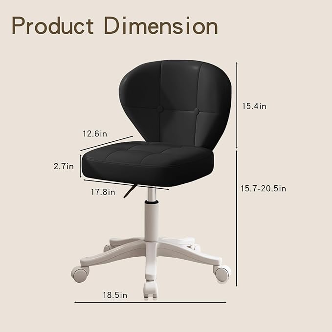 Vanity Chair with Back – Small Armless Office Chair with Wheels, Lumbar Support, PU Leather, Adjustable Height, 360° Swivel for Home, Bedroom, Office Black Set of 2